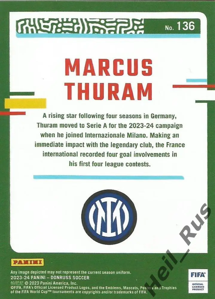 Футбол. Карточка Marcus Thuram/Маркус Тюрам Интер, Боруссия Менхенгладбах Panini 1