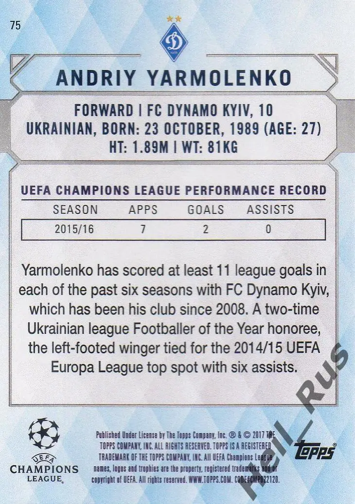 Карточка Андрей Ярмоленко Динамо Киев, Боруссия Дортмунд Лига Чемпионов 2016/17 1