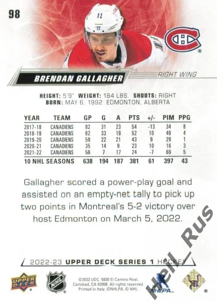 Карточка Brendan Gallagher/Брендан Галлахер Montreal Canadiens/Монреаль НХЛ NHL 1