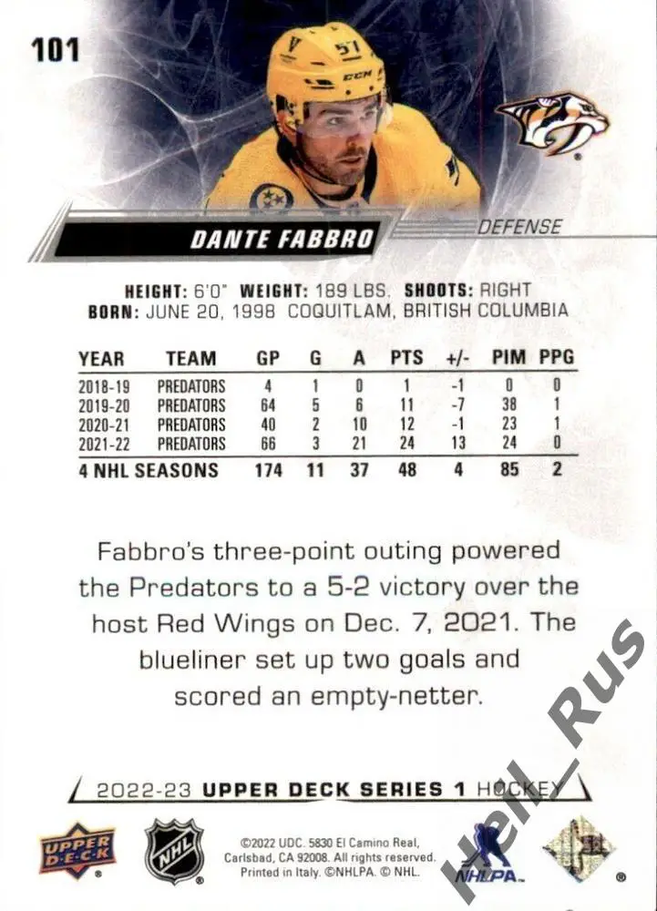 Хоккей Карточка Dante Fabbro/Данте Фаббро (Nashville Predators/Нэшвилл) НХЛ/NHL 1