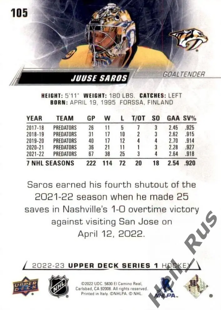Хоккей. Карточка Juuse Saros/Юусе Сарос (Nashville Predators / Нэшвилл) НХЛ/NHL 1
