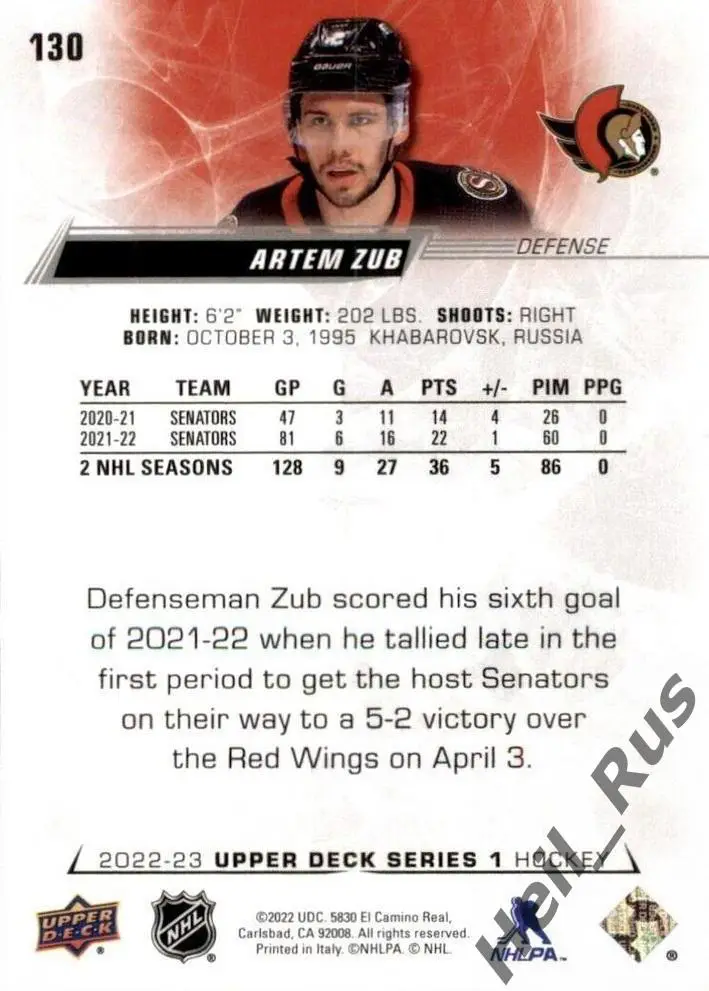 Хоккей Карточка Artem Zub/Артем Зуб Ottawa Senators/Оттава, СКА/Амур НХЛ/NHL/КХЛ 1