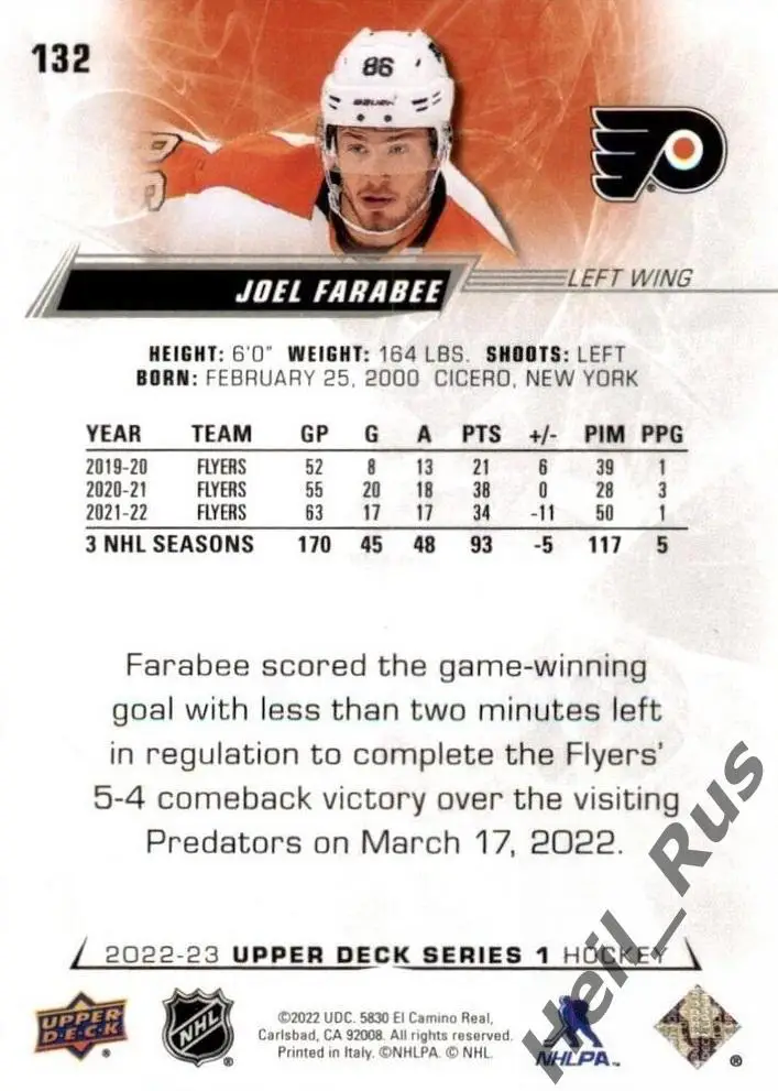Карточка Joel Farabee / Джоэл Фараби (Philadelphia Flyers/Филадельфия) НХЛ/NHL 1