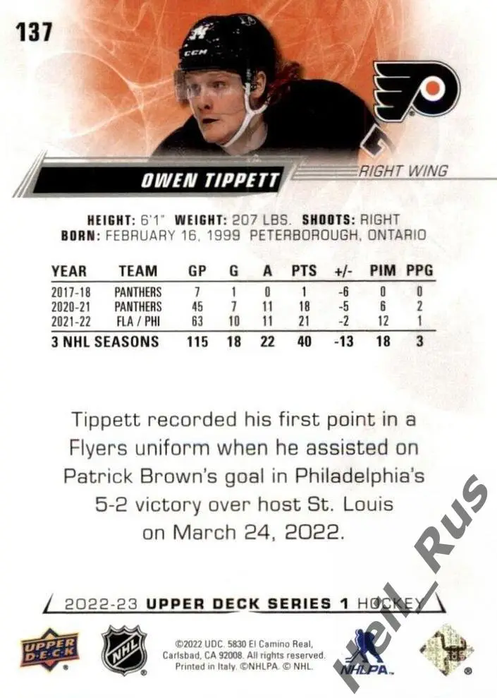 Карточка Owen Tippett/Оуэн Типпетт (Philadelphia Flyers/Филадельфия) НХЛ/NHL 1