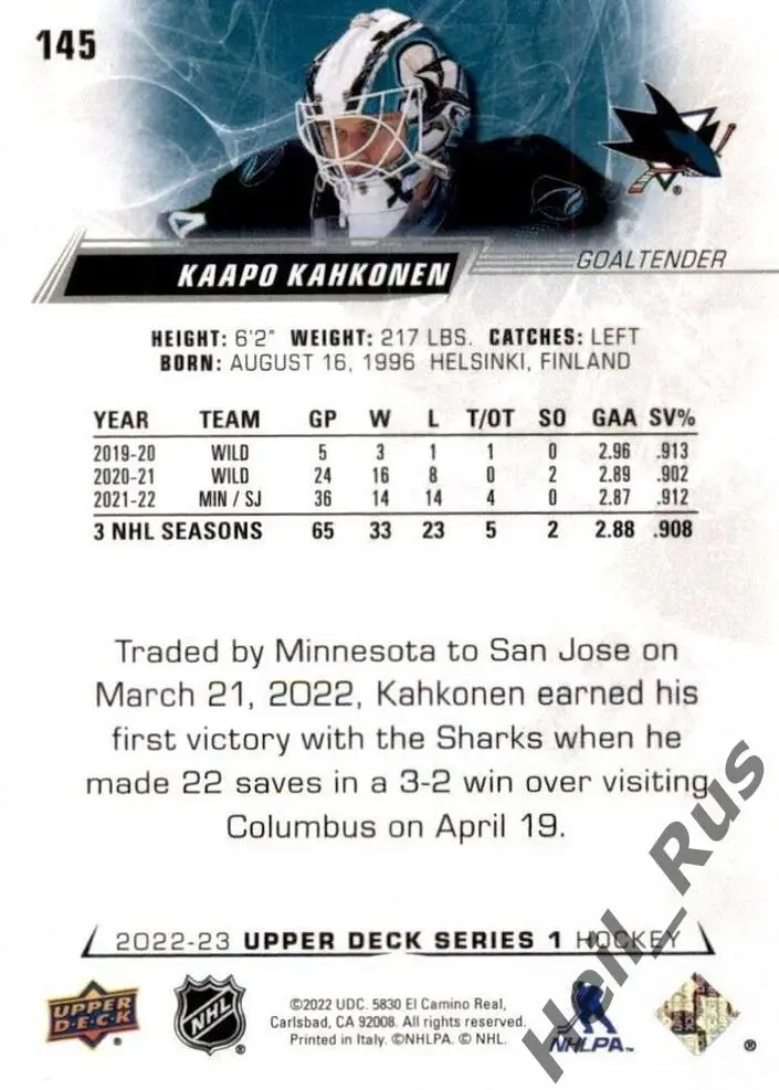 Хоккей. Карточка Kaapo Kahkonen/Каапо Кяхкенен San Jose Sharks/Сан-Хосе НХЛ/NHL 1
