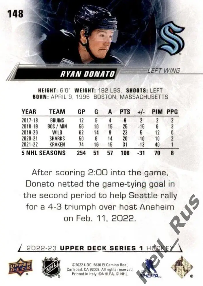 Хоккей. Карточка Ryan Donato/Райан Донато (Seattle Kraken/Сиэтл Кракен) НХЛ/NHL 1