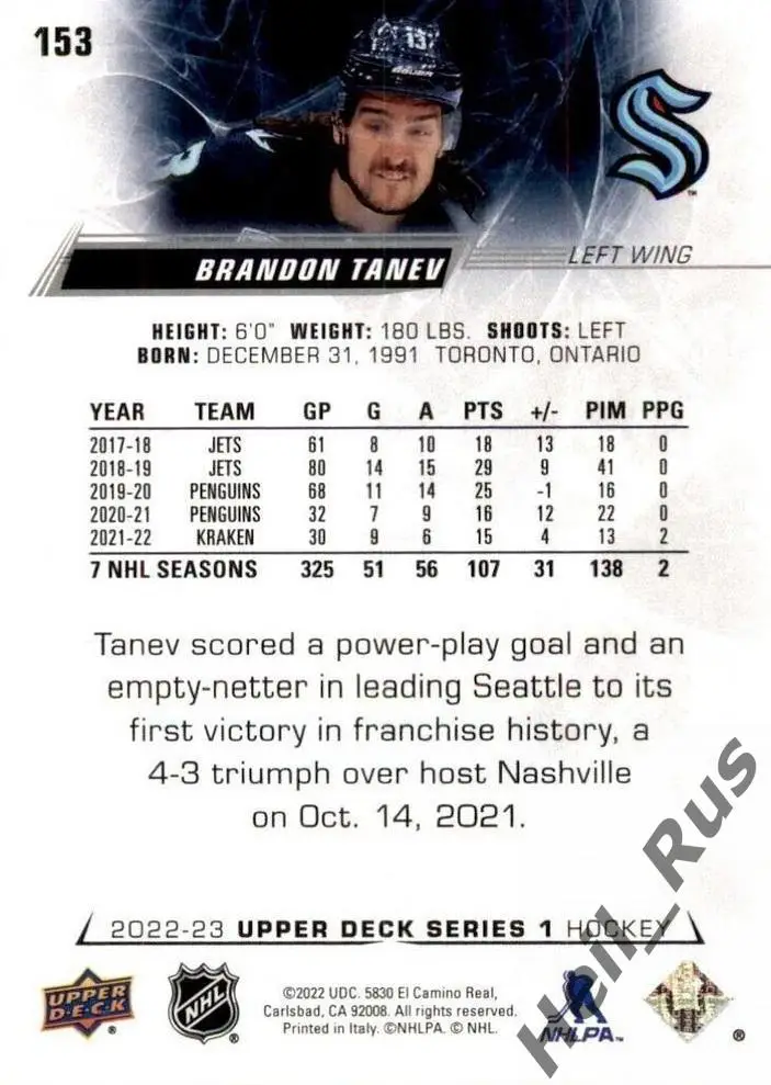 Хоккей. Карточка Brandon Tanev/Брэндон Танев Seattle Kraken/Сиэтл Кракен НХЛ/NHL 1