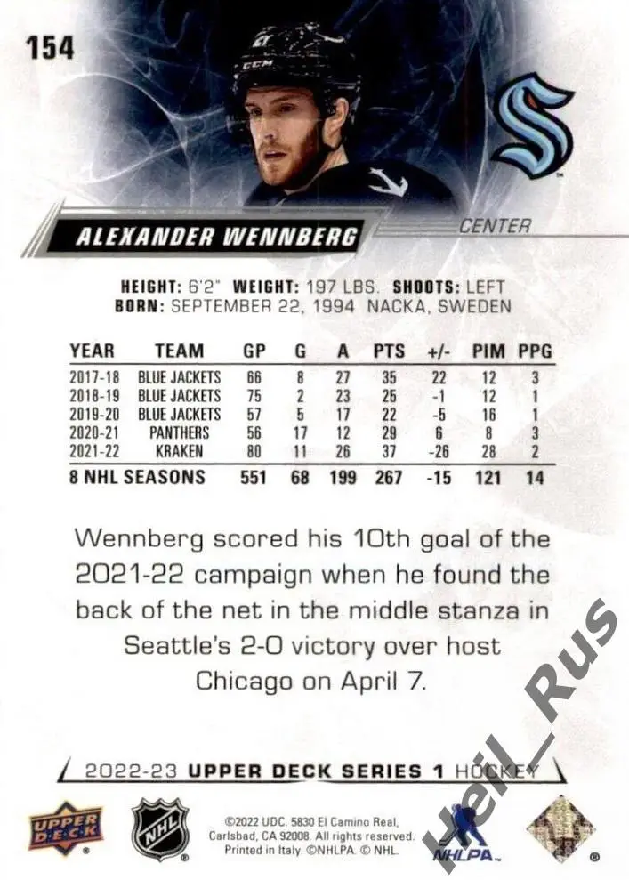 Карточка Alexander Wennberg/Александр Веннберг (Seattle Kraken/Сиэтл) НХЛ/NHL 1