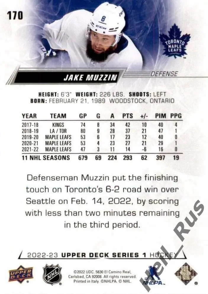 Хоккей; Карточка Jake Muzzin/Джейк Маззин (Toronto Maple Leafs/Торонто) НХЛ/NHL 1