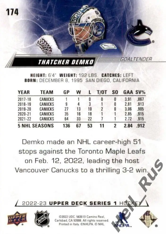 Хоккей Карточка Thatcher Demko/Тэтчер Демко (Vancouver Canucks/Ванкувер) НХЛ/NHL 1