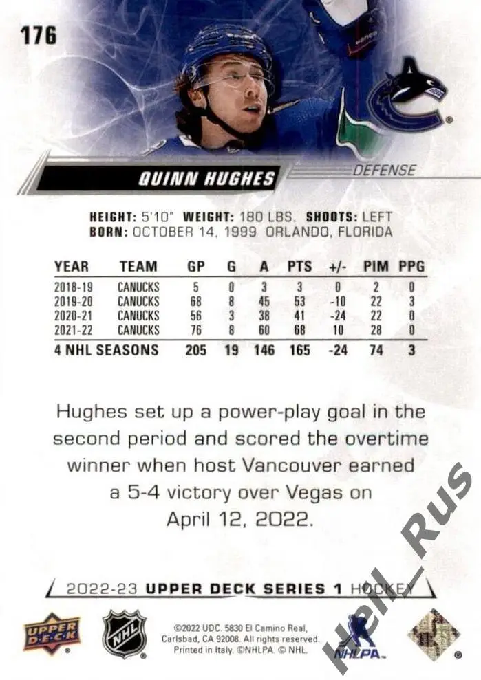 Хоккей. Карточка Quinn Hughes/Куинн Хьюз (Vancouver Canucks/Ванкувер) НХЛ / NHL 1