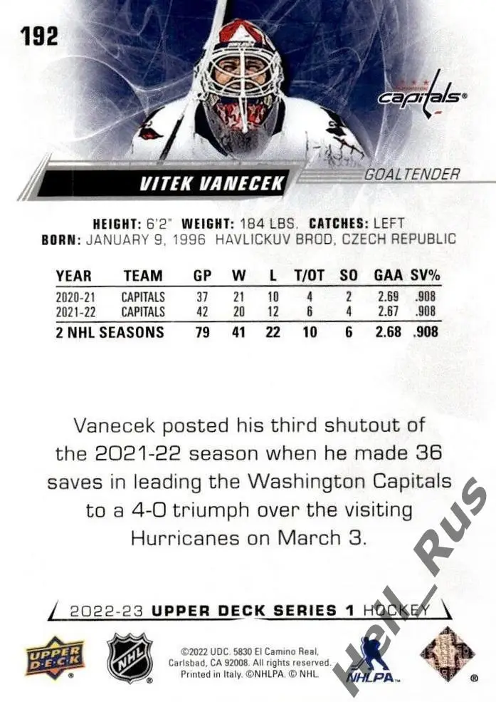 Карточка Vitek Vanecek/Витек Ванечек (Washington Capitals / Вашингтон) НХЛ/NHL 1