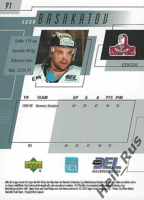 Карточка Егор Башкатов Hannover Scorpions ЦСКА СКА Северсталь Амур Химик DEL/КХЛ 1