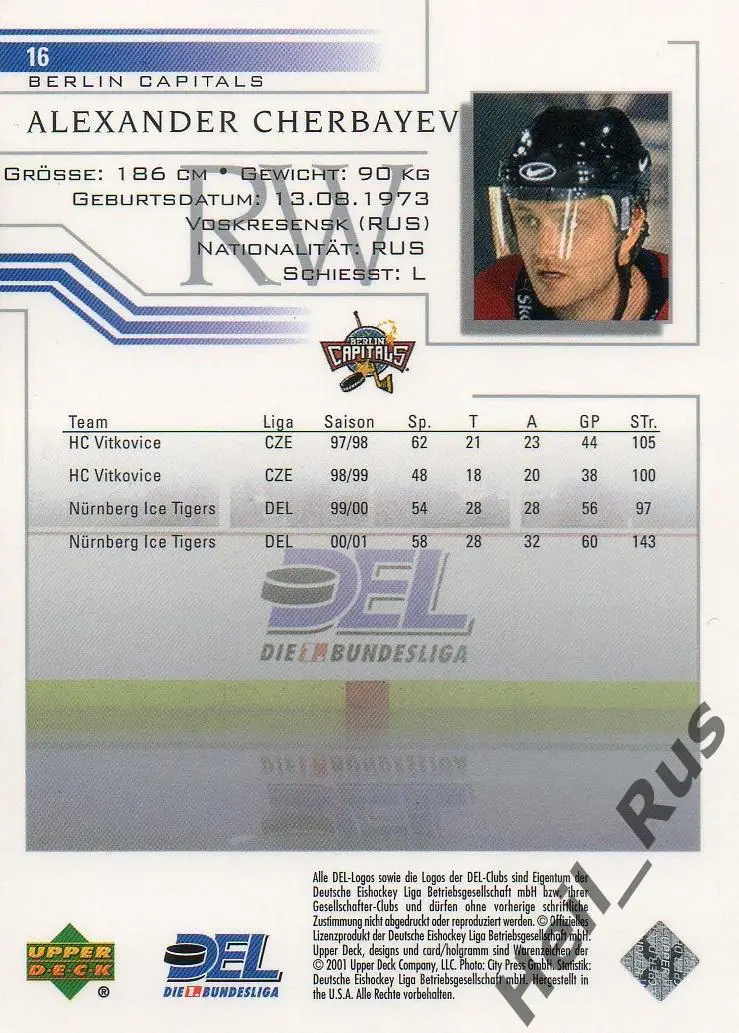 Карточка Александр Чербаев Berlin Capitals, Химик/Сибирь/Ак Барс, СКА, Молот DEL 1