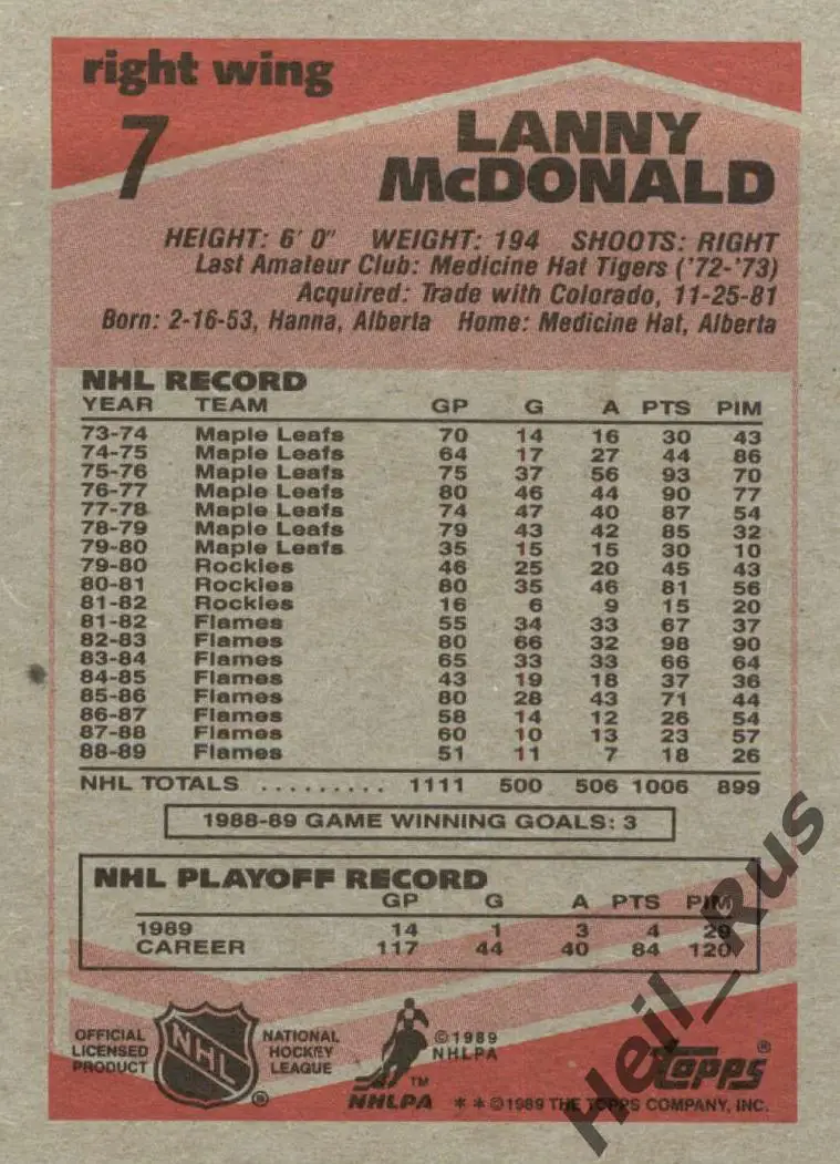 Хоккей Карточка Lanny McDonald/Лэнни Макдональд (Calgary Flames/Калгари) НХЛ/NHL 1