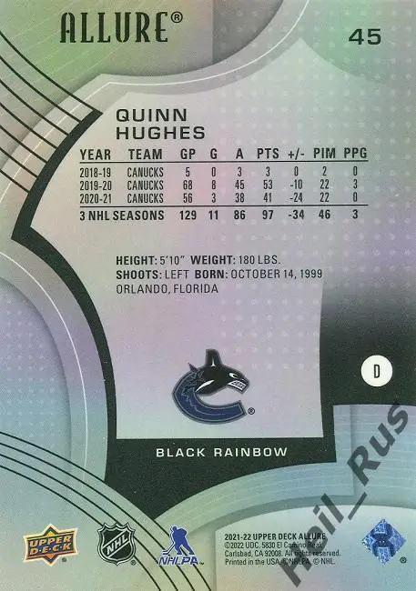 Хоккей. Карточка Quinn Hughes/Куинн Хьюз (Vancouver Canucks/Ванкувер) НХЛ / NHL 1