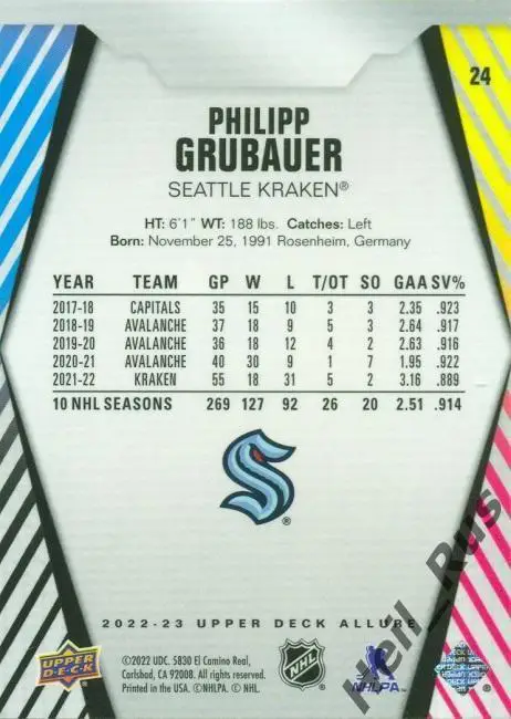Карточка Philipp Grubauer/Филипп Грубауэр (Seattle Kraken/Сиэтл Кракен) НХЛ/NHL 1