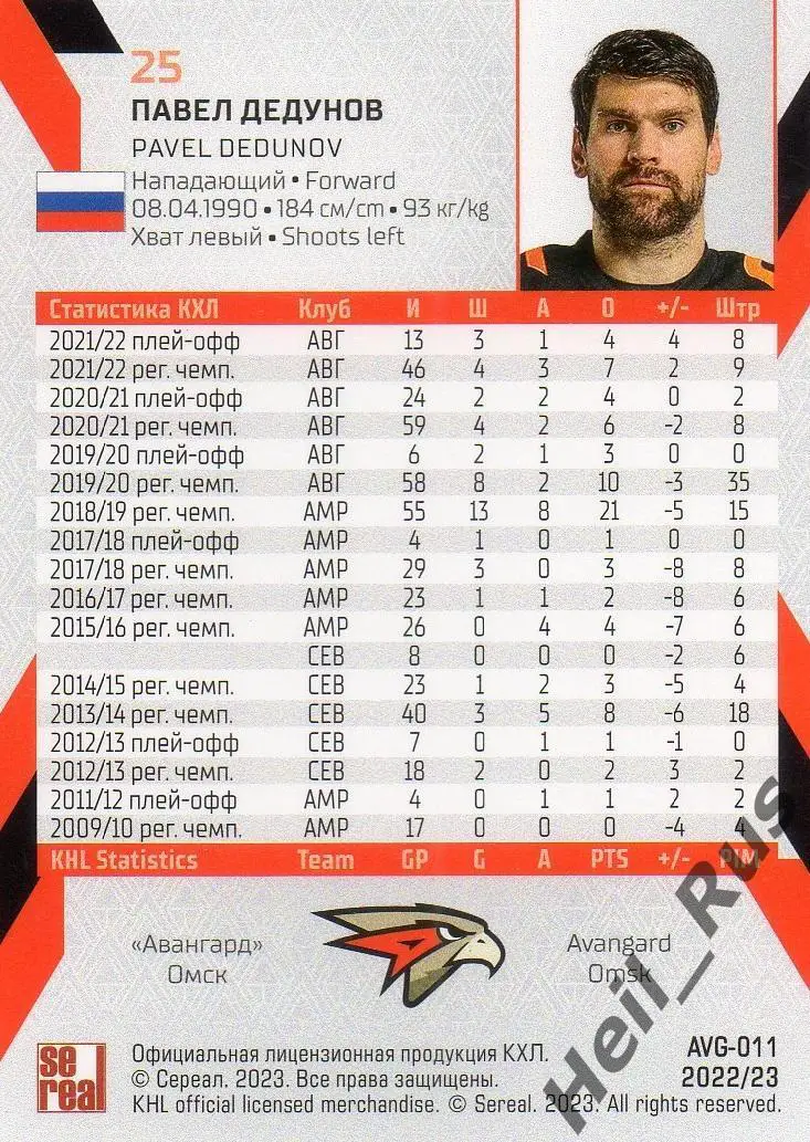 Хоккей. Карточка Павел Дедунов (Авангард Омск) КХЛ/KHL сезон 2022/23 SeReal 1