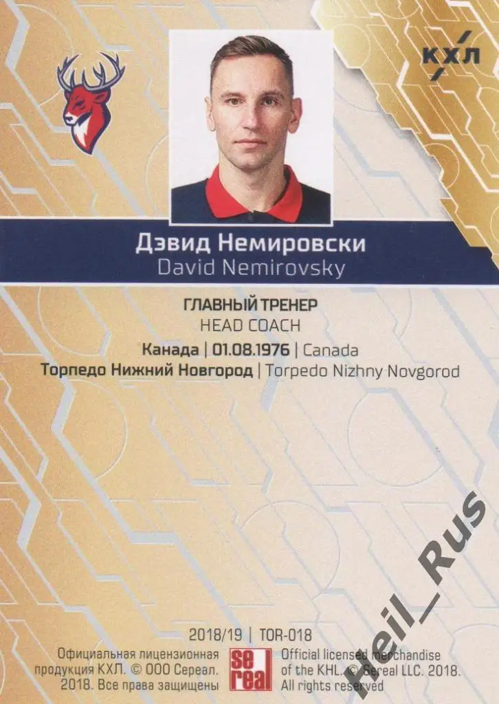 Хоккей. Карточка тренер Дэвид Немировски Торпедо Нижний Новгород КХЛ/KHL 2018/19 1