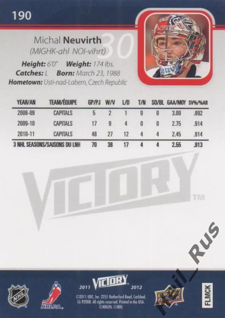 Карточка Michal Neuvirth/Михал Нойвирт (Washington Capitals / Вашингтон) НХЛ/NHL 1