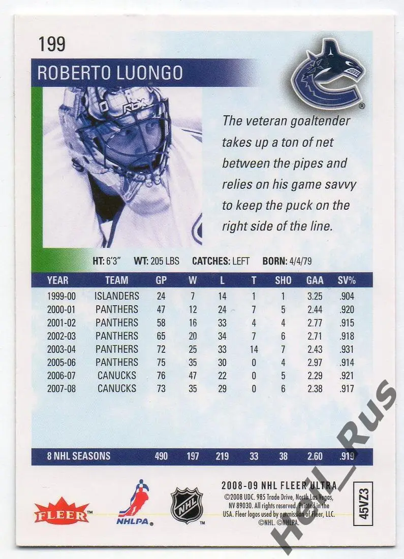 Хоккей Карточка Roberto Luongo/Роберто Луонго Vancouver Canucks/Ванкувер NHL НХЛ 1