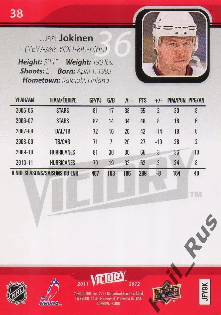 Хоккей; Карточка Jussi Jokinen/Юсси Йокинен Carolina Hurricanes/Каролина НХЛ/NHL 1