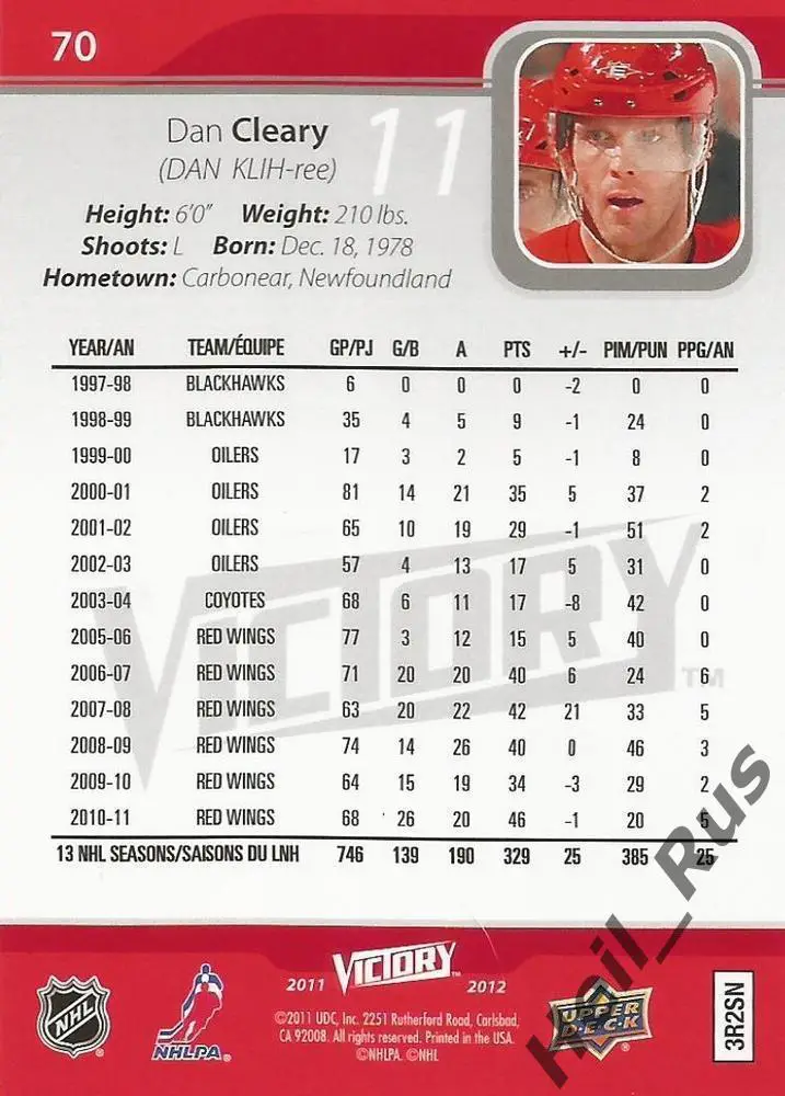 Хоккей. Карточка Daniel Cleary/Даниэль Клири (Detroit Red Wings/Детройт) НХЛ/NHL 1