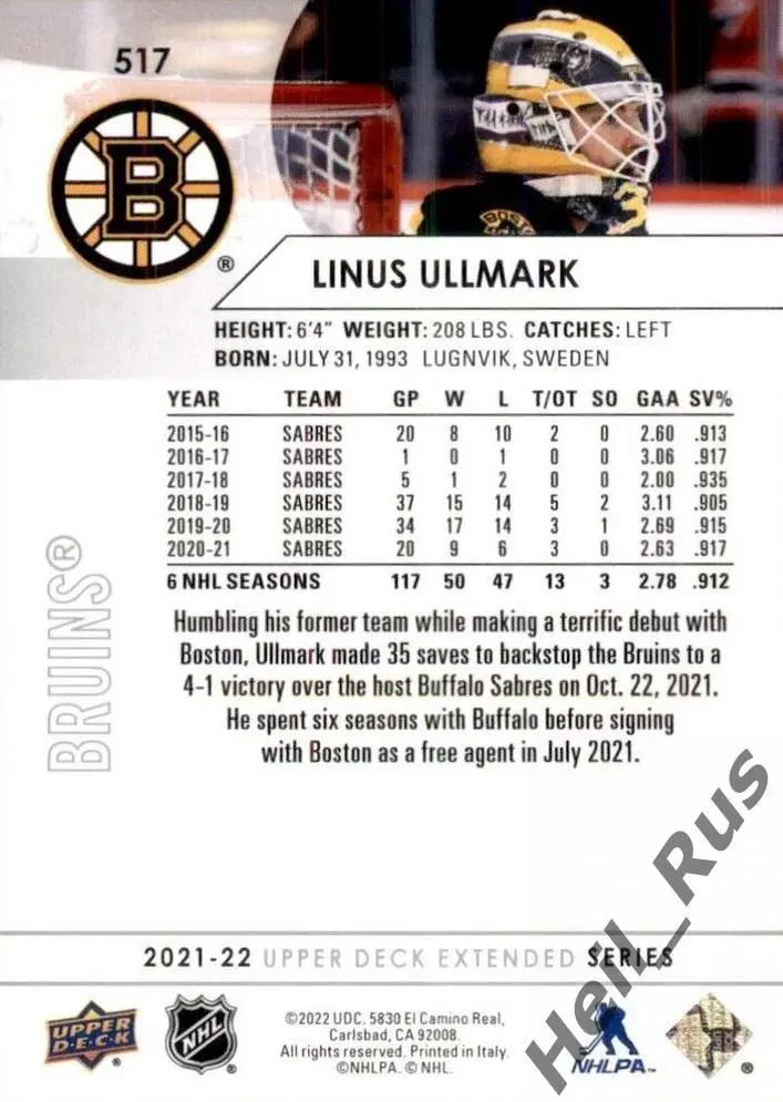 Хоккей Карточка Linus Ullmark/Линус Улльмарк Boston Bruins/Бостон Брюинз NHL/НХЛ 1