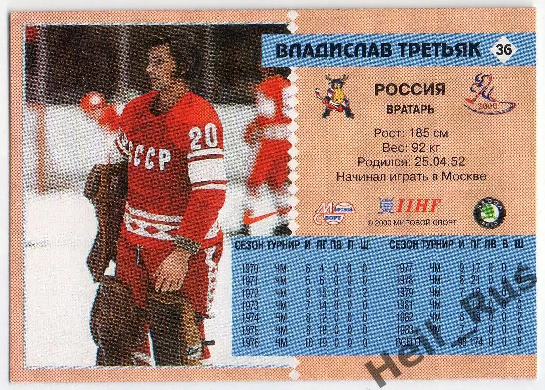 Хоккей. Карточка Владислав Третьяк СССР/Россия, ЦСКА Москва Чемпионат Мира 2000 1