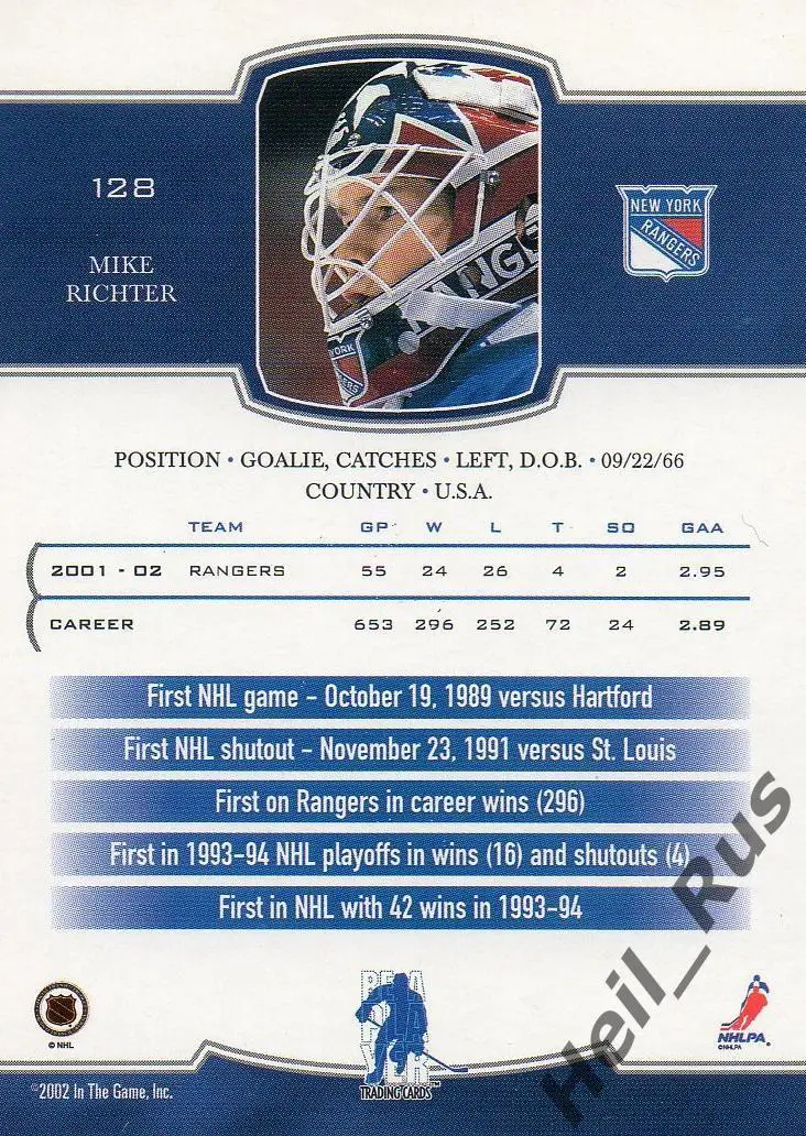 Карточка Mike Richter/Майк Рихтер (New York Rangers/Нью-Йорк Рейнджерс) NHL/НХЛ 1