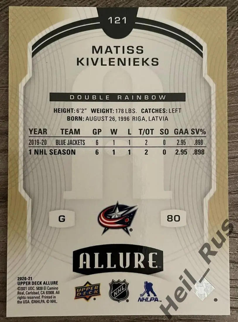 Карточка Matiss Kivlenieks/Матисс Кивлениекс (Columbus Blue Jackets) НХЛ/NHL 1