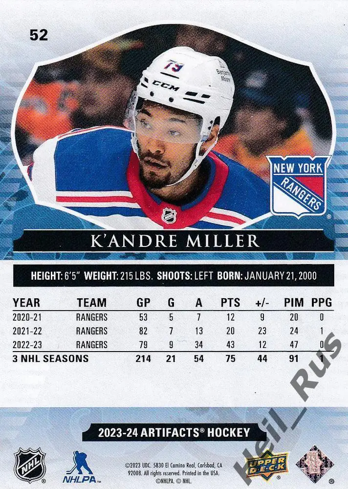 Хоккей; Карточка K'Andre Miller/К'Андре Миллер New York Rangers/Нью-Йорк НХЛ/NHL 1