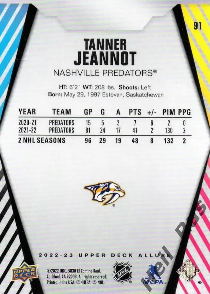Хоккей; Карточка Tanner Jeannot/Таннер Жанно Nashville Predators/Нэшвилл НХЛ/NHL 1