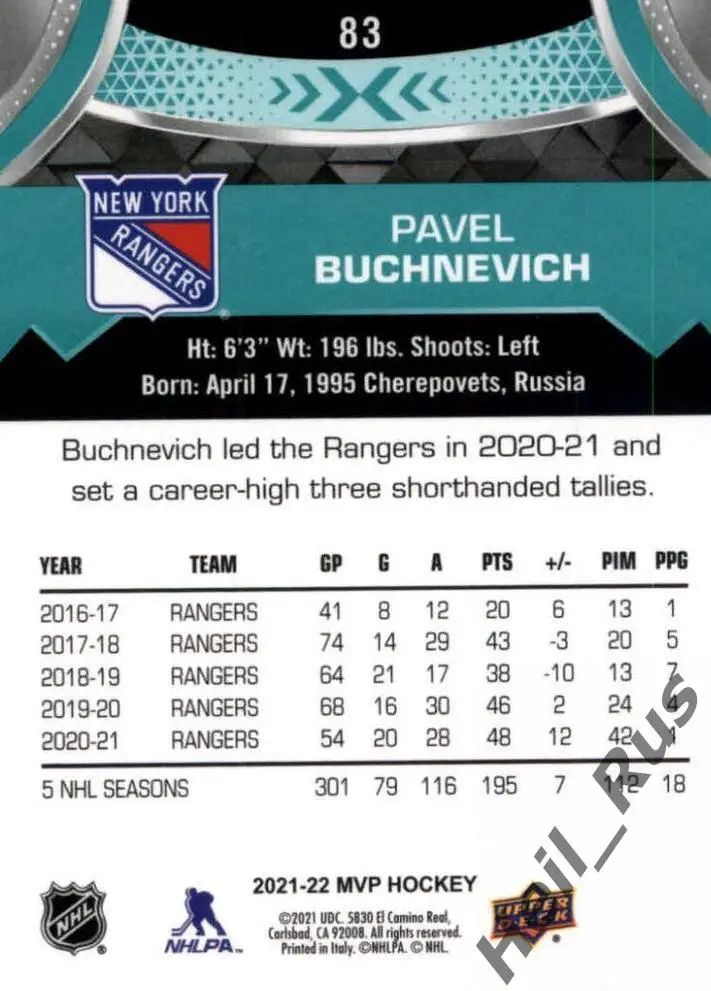 Хоккей. Карточка Павел Бучневич (New York Rangers, СКА, Северсталь) НХЛ/NHL, КХЛ 1