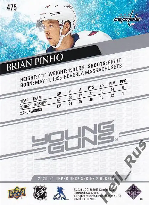 Хоккей. Карточка Brian Pinho/Брайан Пиньо Washington Capitals/Вашингтон НХЛ/NHL 1