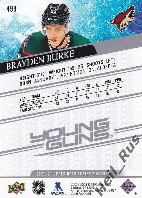 Хоккей. Карточка Brayden Burke/Брэйден Берк (Arizona Coyotes/Аризона) НХЛ/NHL 1