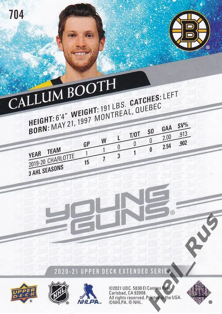 Хоккей. Карточка Callum Booth/Каллум Бут (Boston Bruins/Бостон Брюинз) НХЛ/NHL 1