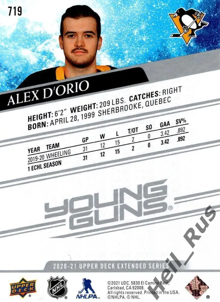 Хоккей. Карточка Alex D'Orio/Алекс Д'Орио Pittsburgh Penguins/Питтсбург НХЛ/NHL 1