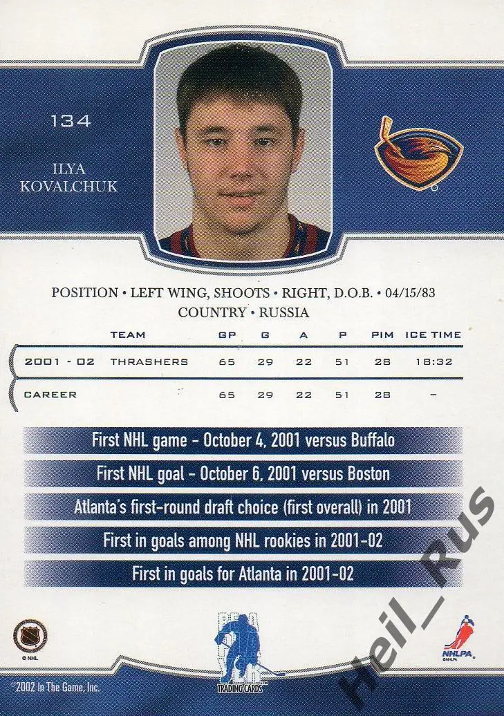 Карточка Илья Ковальчук Atlanta Thrashers/Атланта, СКА/Спартак/Авангард НХЛ, КХЛ 1