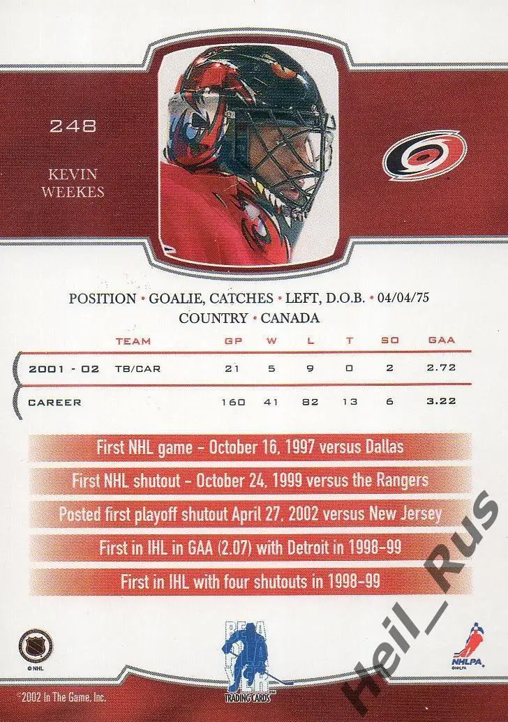 Хоккей. Карточка Kevin Weekes/Кевин Уикс (Carolina Hurricanes/Каролина) НХЛ/NHL 1