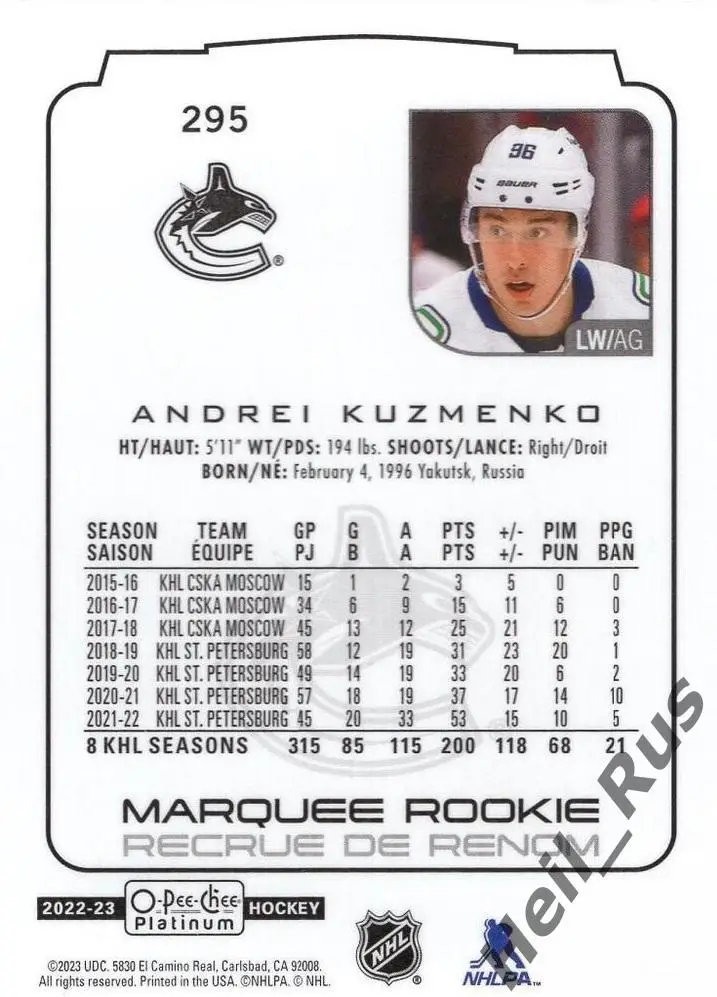 Карточка Андрей Кузьменко (Vancouver Canucks/Ванкувер, ЦСКА, СКА) НХЛ/NHL, КХЛ 1