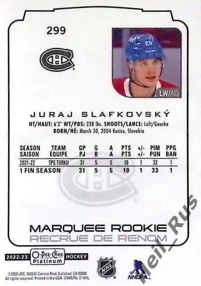 Карточка Juraj Slafkovsky/Юрай Слафковский (Montreal Canadiens/Монреаль) НХЛ/NHL 1