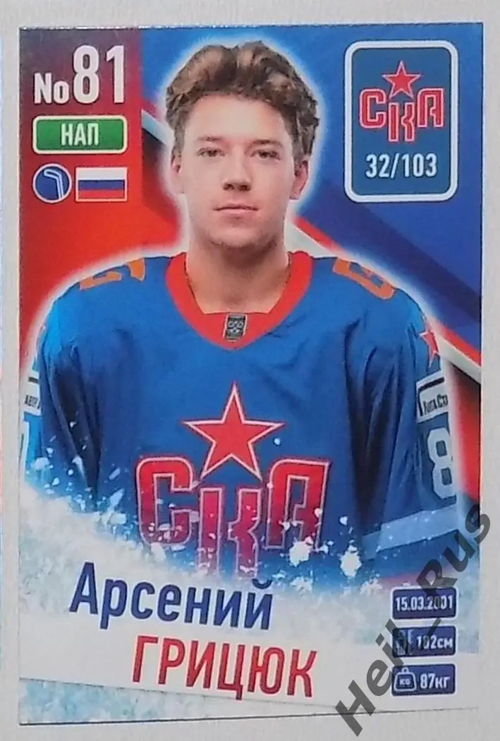 Хоккей. Карточка Арсений Грицюк (СКА Санкт-Петербург) КХЛ/KHL сезон 2024/25