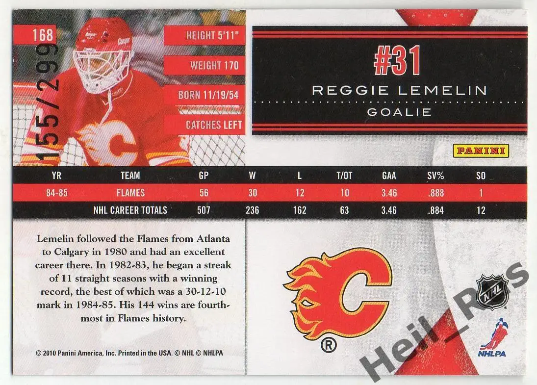 Карточка Reggie Lemelin/Режан Лемелин (Calgary Flames / Калгари Флэймз) НХЛ/NHL 1