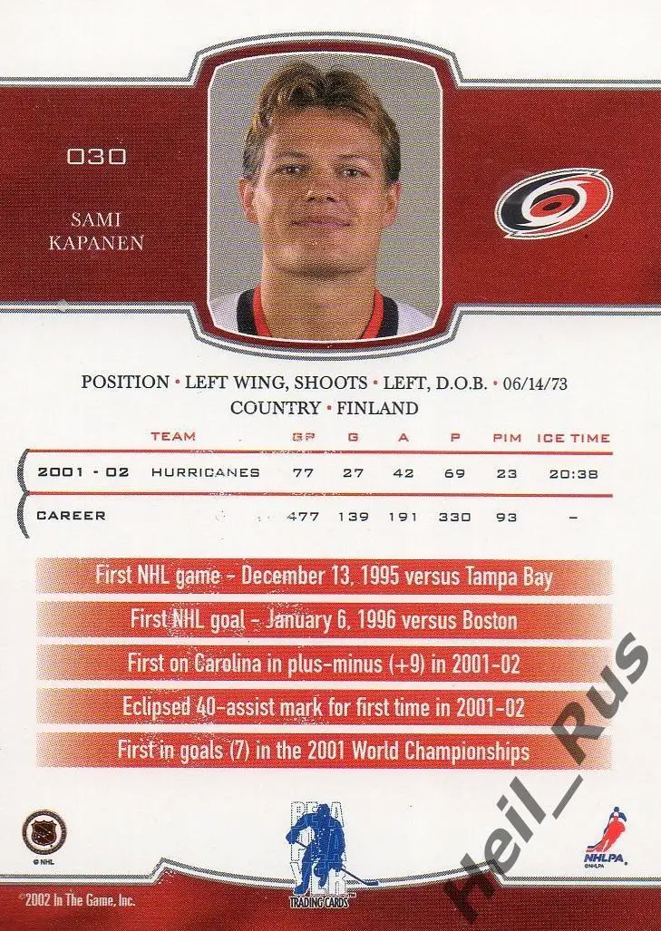 Хоккей Карточка Sami Kapanen/Сами Капанен (Carolina Hurricanes/Каролина) NHL/НХЛ 1