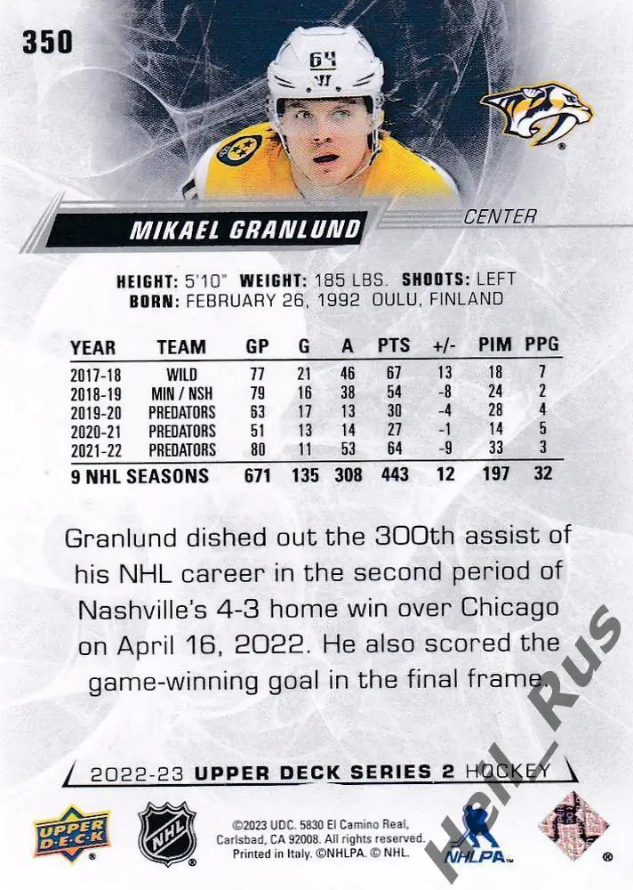 Карточка Mikael Granlund/Микаэль Гранлунд Nashville Predators/Нэшвилл НХЛ/NHL 1