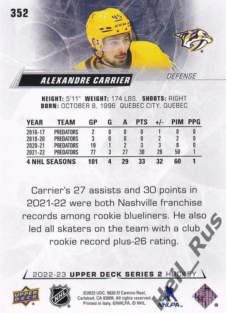 Карточка Alexandre Carrier/Александр Каррье Nashville Predators/Нэшвилл НХЛ/NHL 1