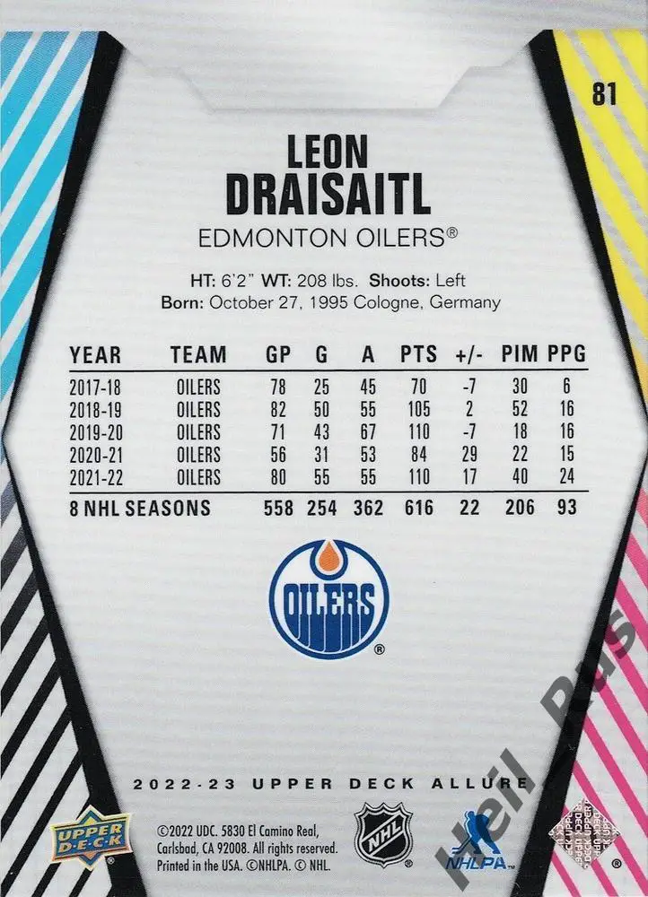Хоккей. Карточка Leon Draisaitl/Леон Драйзайтль Edmonton Oilers/Эдмонтон NHL НХЛ 1