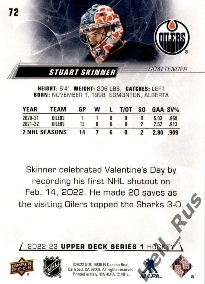 Хоккей. Карточка Stuart Skinner/Стюарт Скиннер Edmonton Oilers/Эдмонтон НХЛ/NHL 1