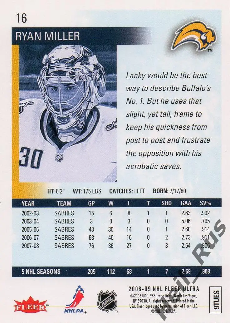 Хоккей Карточка Ryan Miller / Райан Миллер Buffalo Sabres/Баффало Сейбрз НХЛ/NHL 1